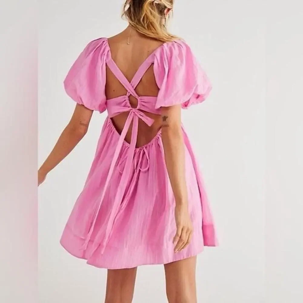 Free People Marina Pink Puff Sleeve Mini Dress size Large